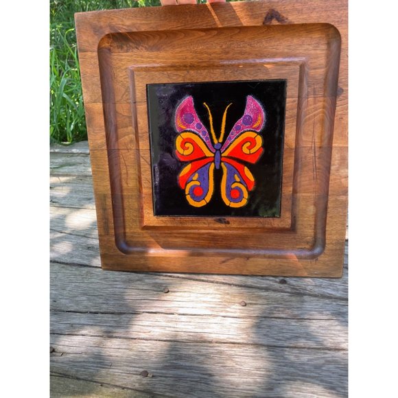 Vintage MCM Teak Wood Style Footed Tray Trivet Tile Butterfly - Picture 2 of 14
